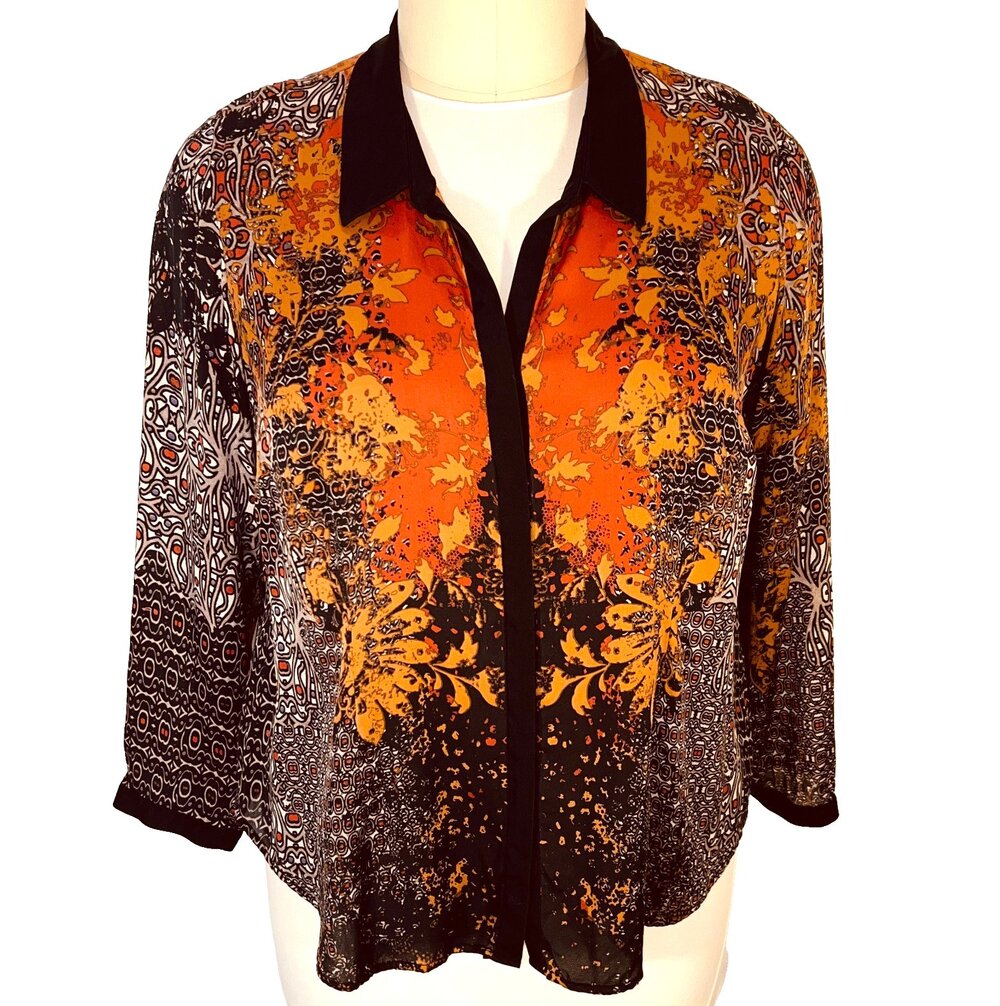 Nic+Zoe Blouse Womens 2x Earthtone Abstract Prints Button Up Silk Spandex